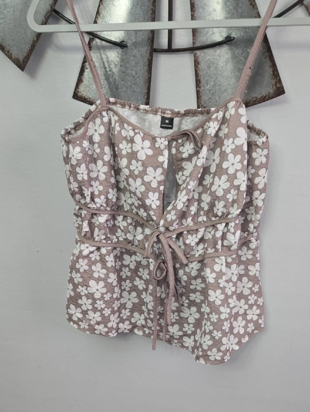 Floral Tie-Front Cami Top - White Flowers on Dusty Pink